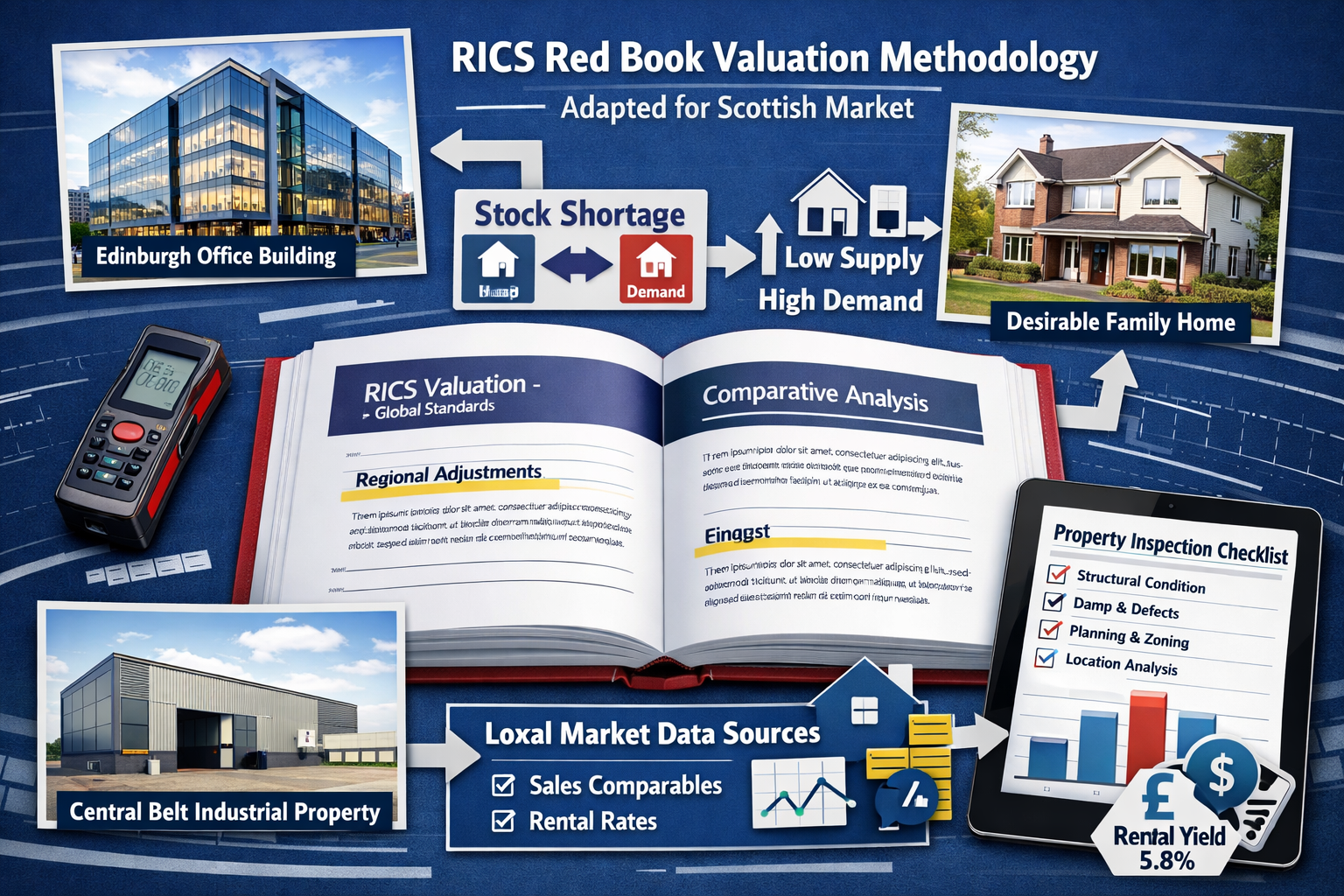 Detailed landscape format (1536x1024) image depicting RICS Red Book valuation methodology adapted for Scottish market. Central focus shows o