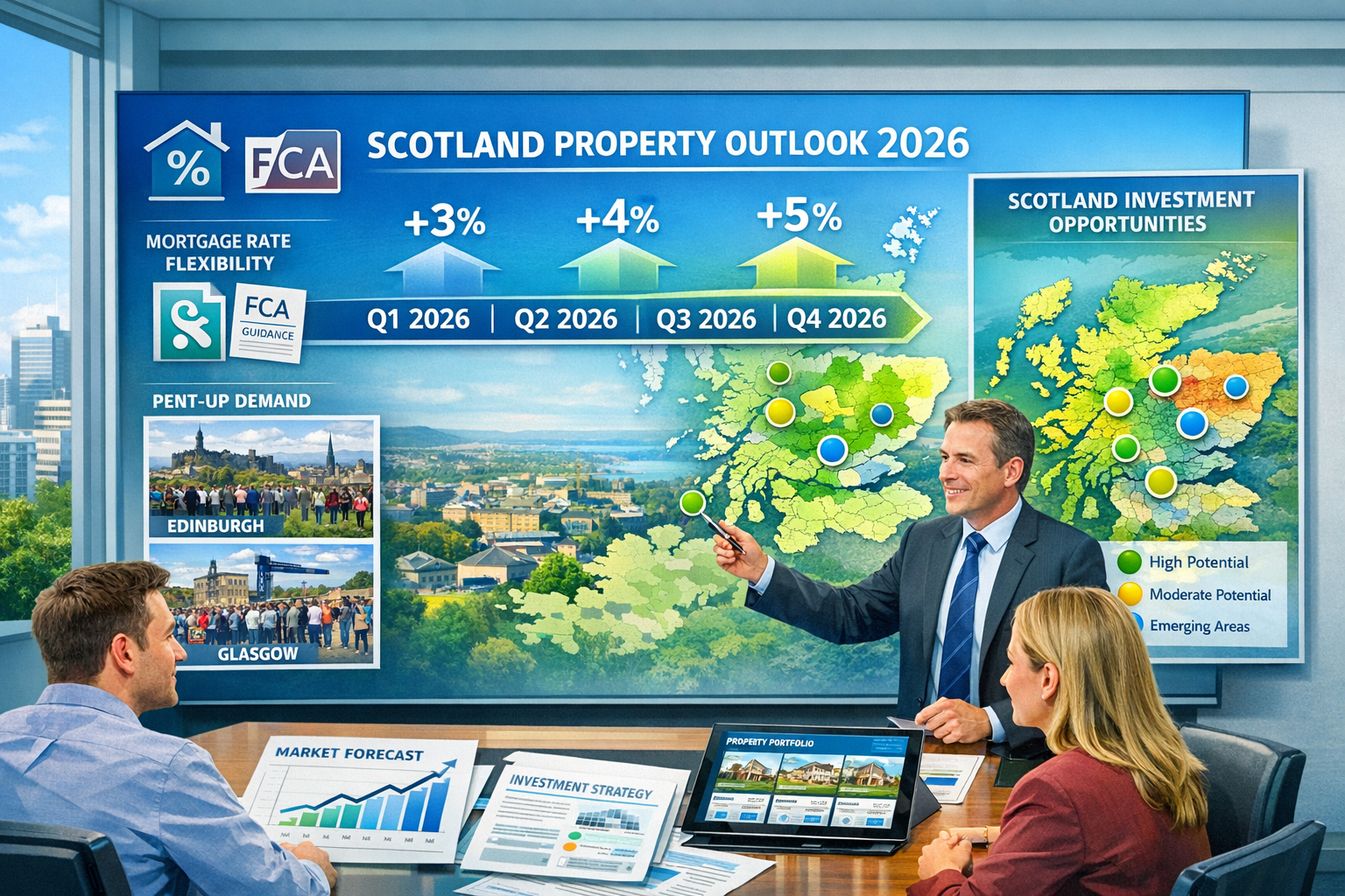 Detailed landscape format (1536x1024) image showing future-focused Scottish property market opportunities for 2026. Center features timeline