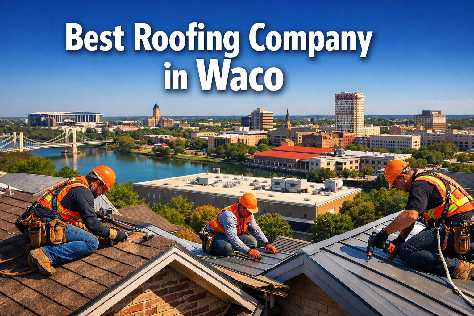 Professional landscape hero image (1536x1024) featuring bold text overlay 'Best Roofing Company in Waco' in extra large 72pt white sans-seri