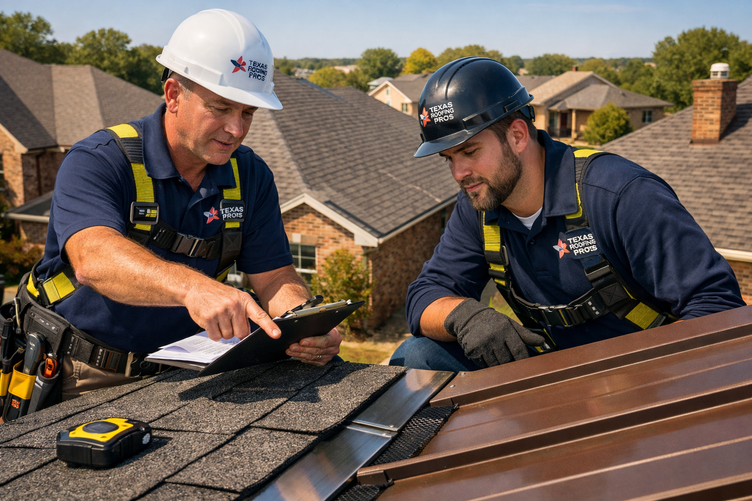 Professional landscape image (1536x1024) showing experienced roofing contractors performing detailed roof inspection on Waco home, with insp