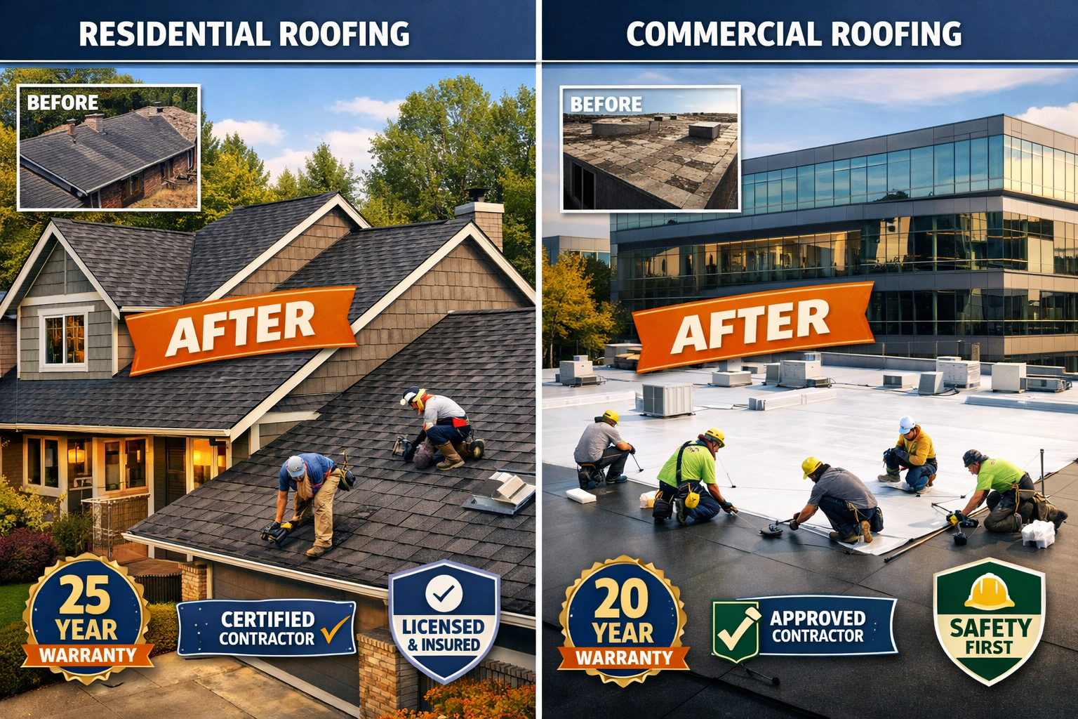 Split-screen comparison image (1536x1024) showcasing residential roofing services on left side with beautiful single-family home featuring n