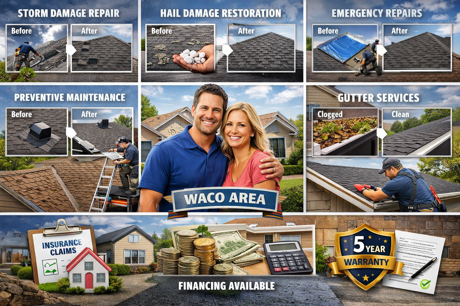 Professional landscape image (1536x1024) showcasing comprehensive roofing services portfolio with grid layout displaying different specialti
