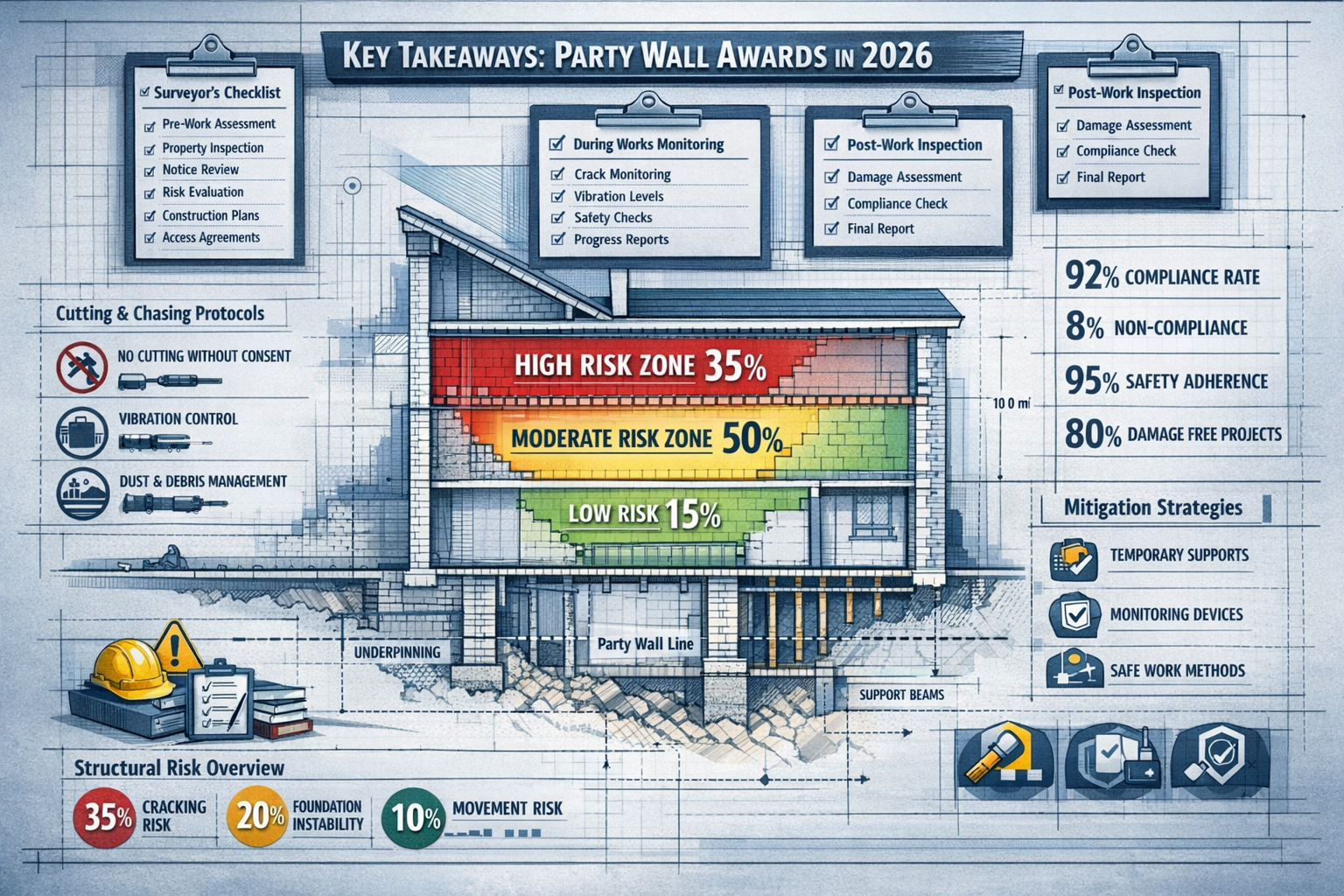 Comprehensive infographic visualizing 'Key Takeaways' for Party Wall Awards in 2026, featuring a central architectural