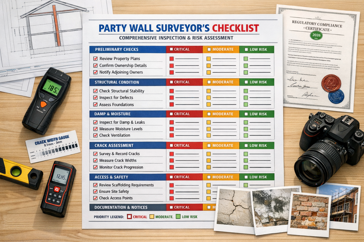 () detailed infographic-style image showing comprehensive party wall surveyor's checklist displayed as large format document
