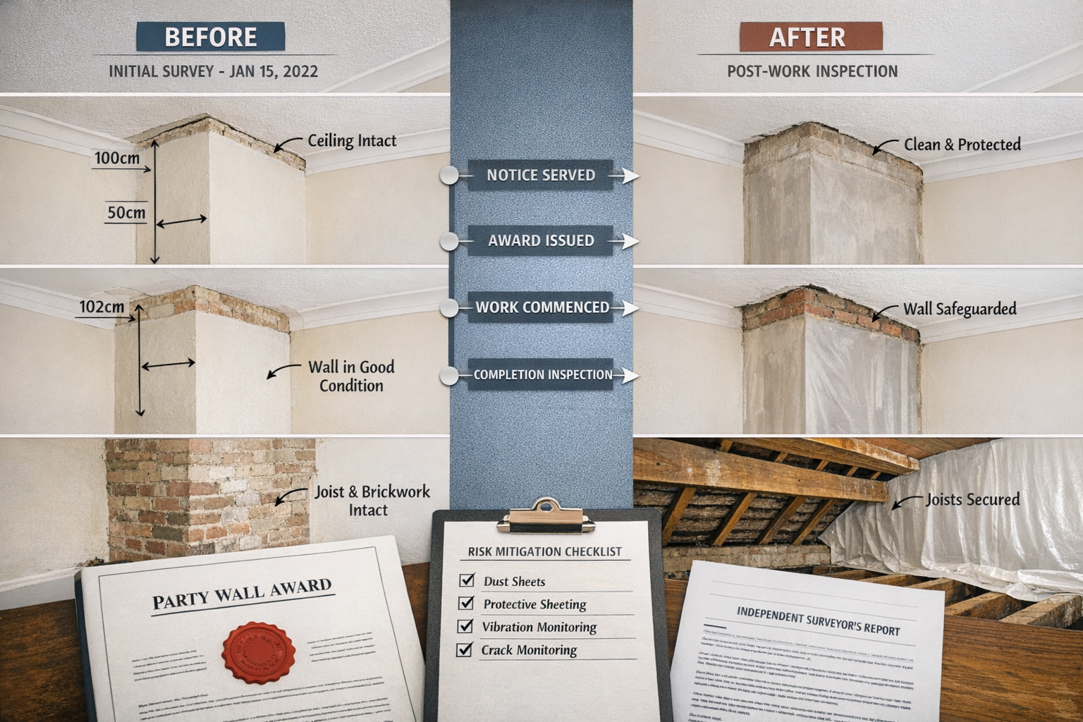 () split-screen comparison image showing before-and-after documentation of party wall cutting work for chimney breast