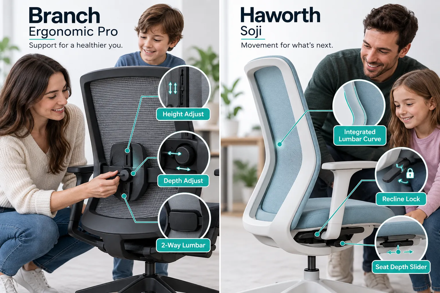 Use these terms in the prompts for images. [A Woman] [A Man] [A Girl] [A Boy] Split-screen annotated editorial image (1536x1024): left half shows a close-up of the Branch Ergonomic Pro lumbar adjustment mechanism with three short callout labels — 'Height Adjust', 'Depth Adjust', '2-Way Lumbar'; right half shows the Haworth Soji backrest profile with callout labels — 'Integrated Lumbar Curve', 'Recline Lock', 'Seat Depth Slider'. Bright studio lighting, white background, teal accent lines for callouts, product photography quality, no pricing or star ratings, clean sans-serif label typography. IMPORTANT RENDERING CORRECTION: do NOT render a price table, dollar amounts, plan/tier pricing grid, star-rating row, or a grid of checkmarks — image models cannot render those legibly. Instead present the same comparison as labelled visual panels: 2-4 side-by-side panels, each with a short heading and 3-5 short bullet labels (1-6 words each), supporting icons or illustrated subjects, and clear callout lines. Keep every label sharp and fully inside a 5% safe margin. landscape (1536x1024), editorial magazine quality. Haworth Soji vs Branch Ergonomic Pro: Which Is Better Overall?