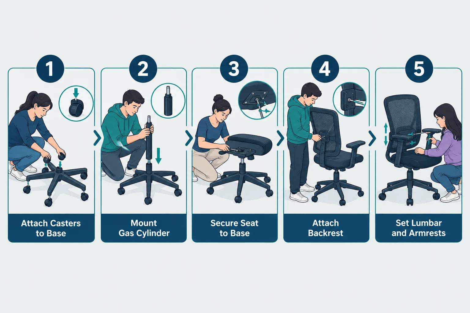 Use these terms in the prompts for images. [A Woman] [A Man] [A Girl] [A Boy] Numbered step-by-step assembly flow diagram (1536x1024) for ergonomic office chair setup: five horizontal steps illustrated left to right — Step 1 'Attach Casters to Base' showing caster insertion, Step 2 'Mount Gas Cylinder' showing cylinder drop-in, Step 3 'Secure Seat to Base' showing seat plate attachment, Step 4 'Attach Backrest' showing backrest bolt connection, Step 5 'Set Lumbar and Armrests' showing final adjustment. Each step has a small isometric illustration and a 3-4 word label below. Navy and teal palette on a light gray background, clean flat-vector style, editorial quality, no pricing text. Assembly Difficulty: Haworth Soji vs Branch Ergonomic Pro