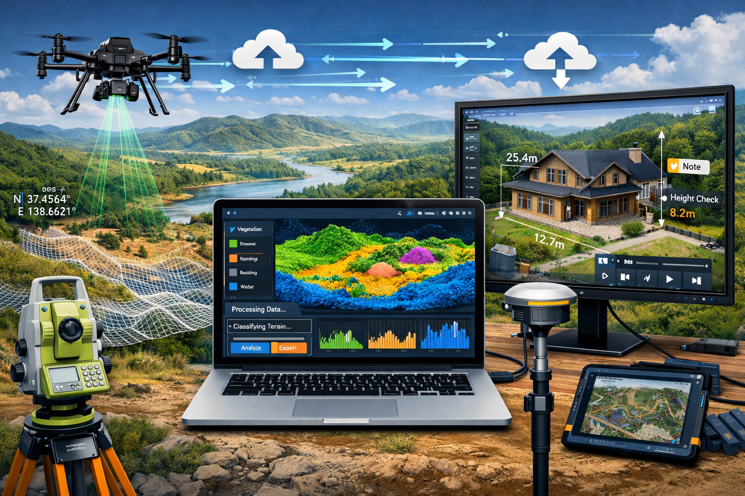 Landscape format (1536x1024) detailed illustration showing land surveyor's workflow with digital twin technology. Left side displays drone e