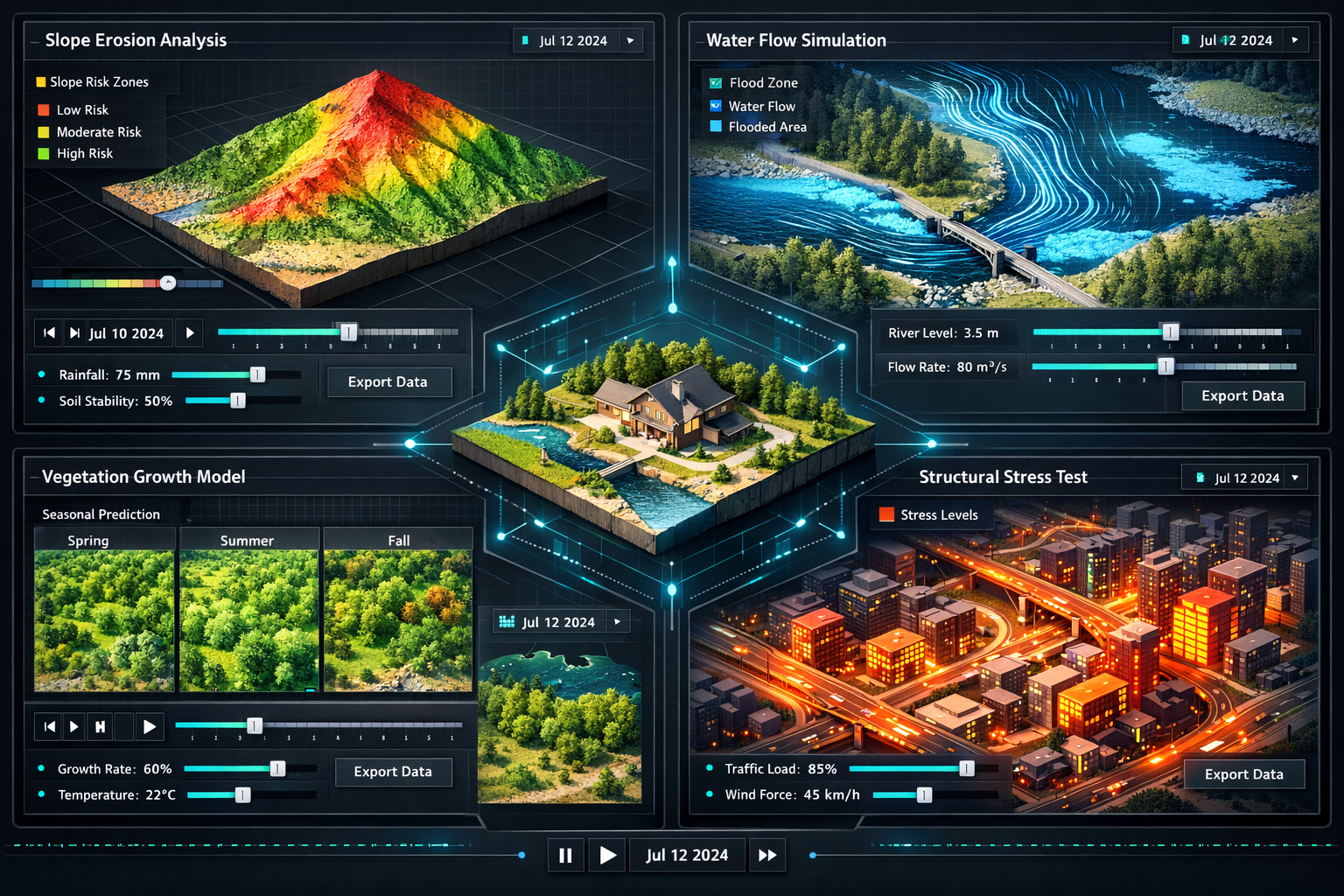 Landscape format (1536x1024) visualization of four predictive simulation types within single digital twin interface. Quadrant layout showing
