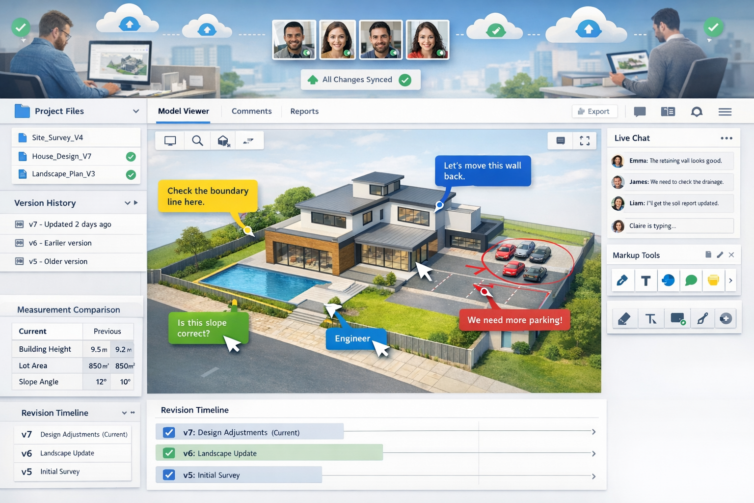 Landscape format (1536x1024) cloud-based collaboration platform interface for surveying projects. Main screen shows browser-based 3D propert