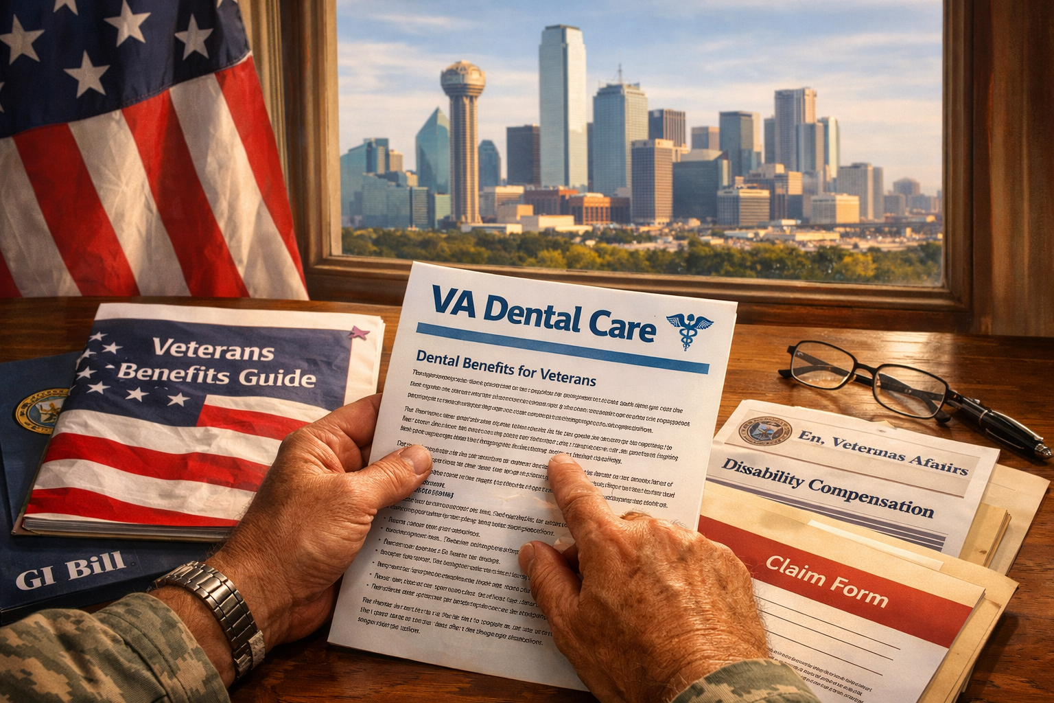 () image depicting various VA benefit documents and an American flag in the background, with a foreground focus on a