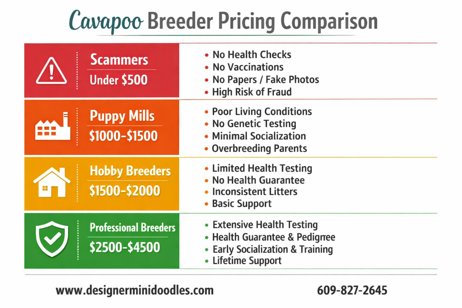 () comparison infographic showing four tiers of Cavapoo breeder pricing in a clean modern chart design. Left column shows