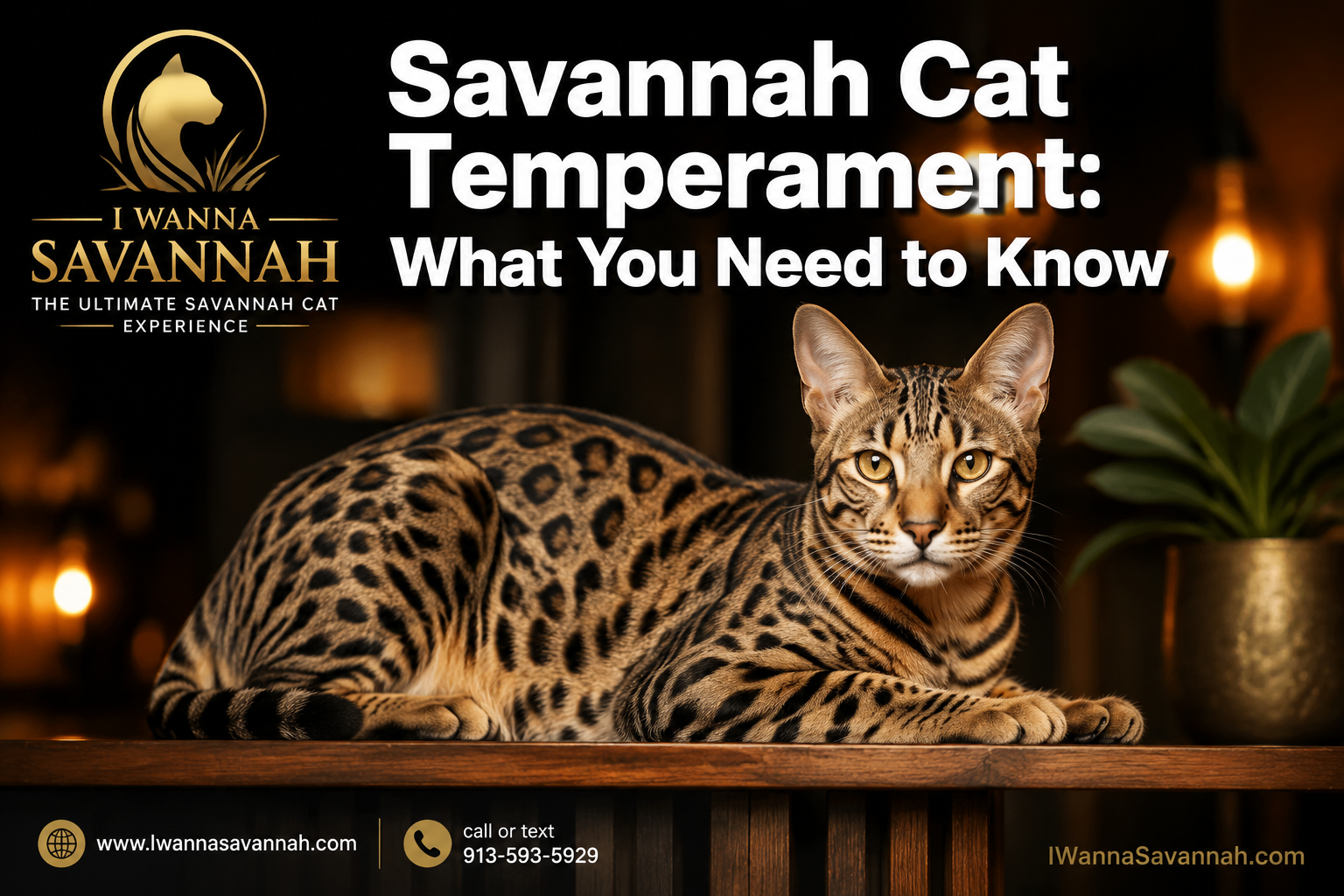 Professional () hero image with : 'Savannah Cat Temperament: What You Need to Know' in extra large white with deep effect,