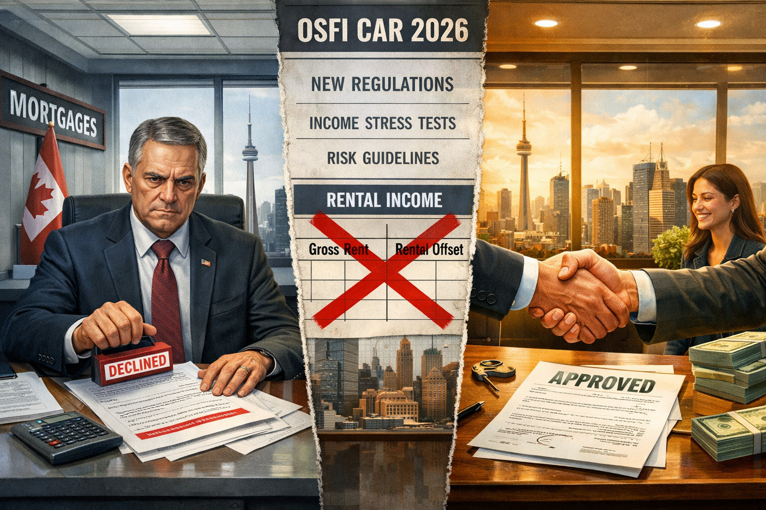 Wide-angle editorial illustration showing a split-screen concept: left side depicts a traditional Canadian bank branch