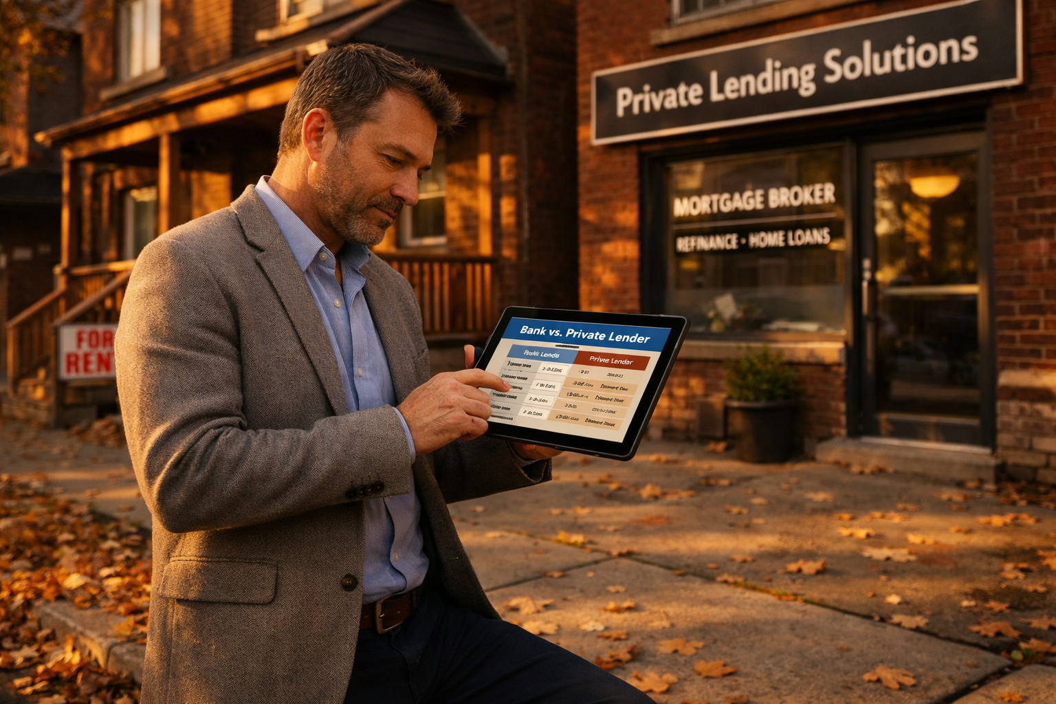 Ground-level street photography style editorial image of a Toronto real estate investor in business casual attire reviewing