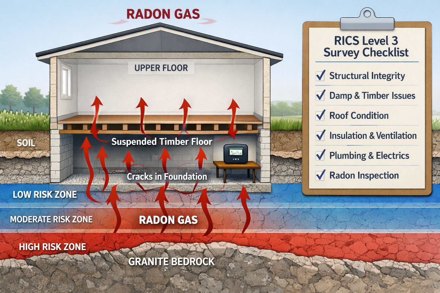 Detailed () infographic-style illustration showing a cross-section diagram of a UK granite-bedrock property with radon gas
