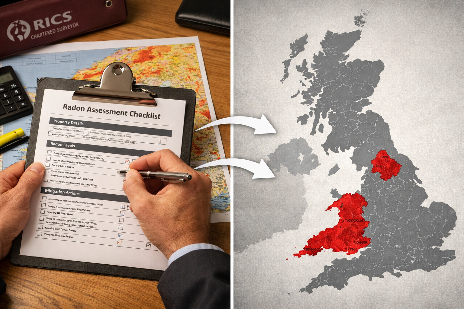 () showing a split-scene composition: left side features a close-up overhead view of a RICS chartered surveyor's hands