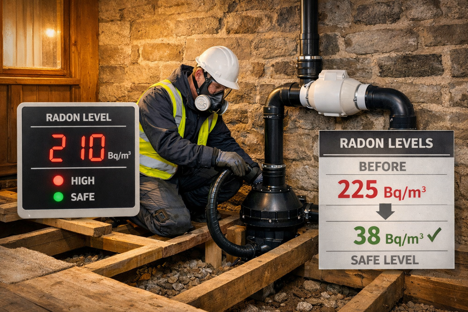 () showing a UK property remediation scene: a technician installing a radon sump system beneath a suspended timber floor in