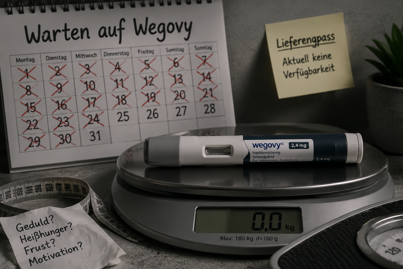 Detailliertes Querformat () Bild, das eine Nahaufnahme eines Wegovy-Pens auf einer Waage zeigt, umgeben von einem Kalender