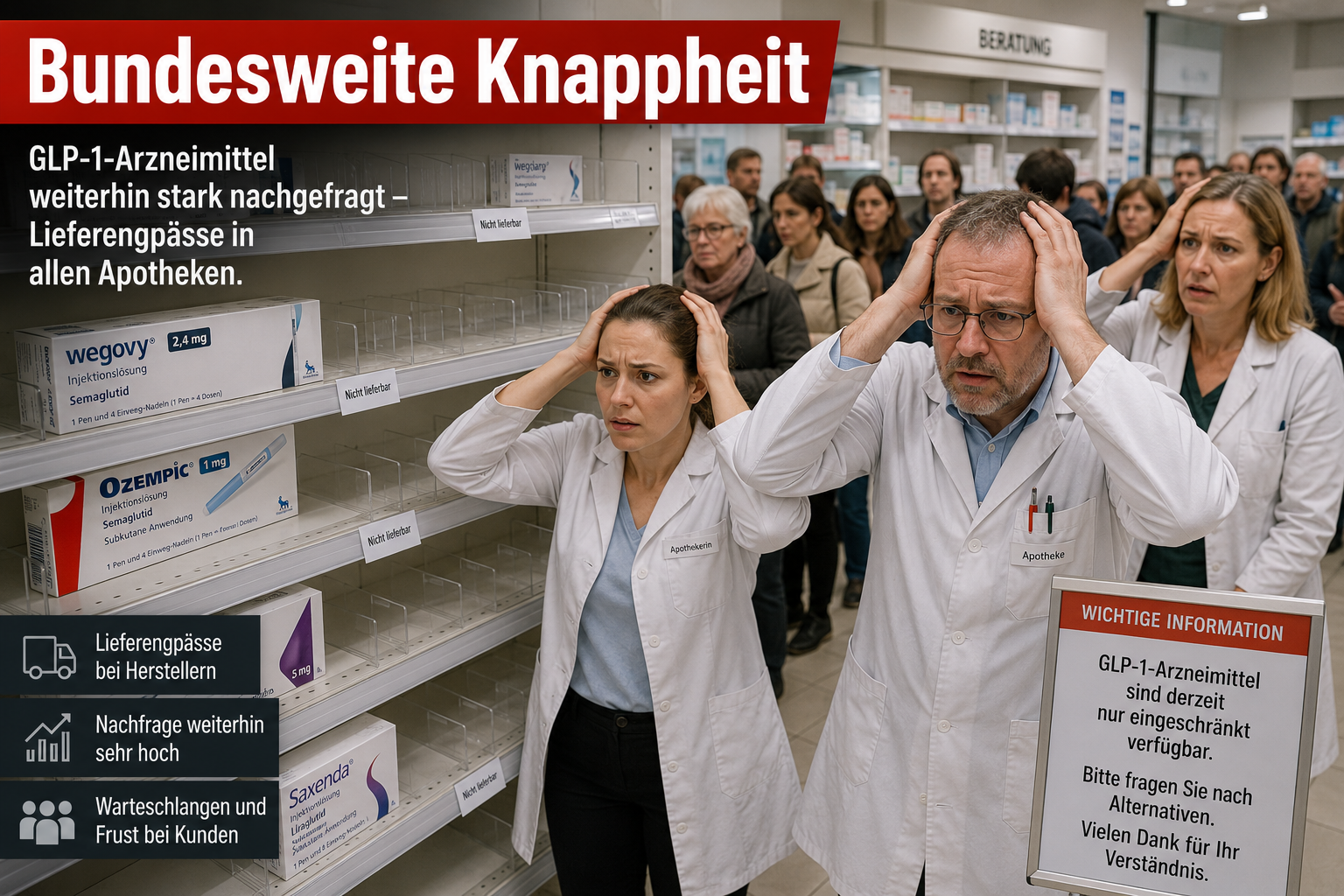 Detailliertes Querformat () Bild, das eine Reihe von Apothekern zeigt, die sich vor leeren oder fast leeren Regalen die
