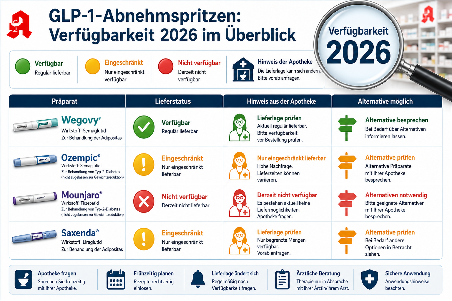 Detailliertes Querformat () Bild, das eine Tabelle oder eine Infografik darstellt, die verschiedene GLP-1-Abnehmspritzen