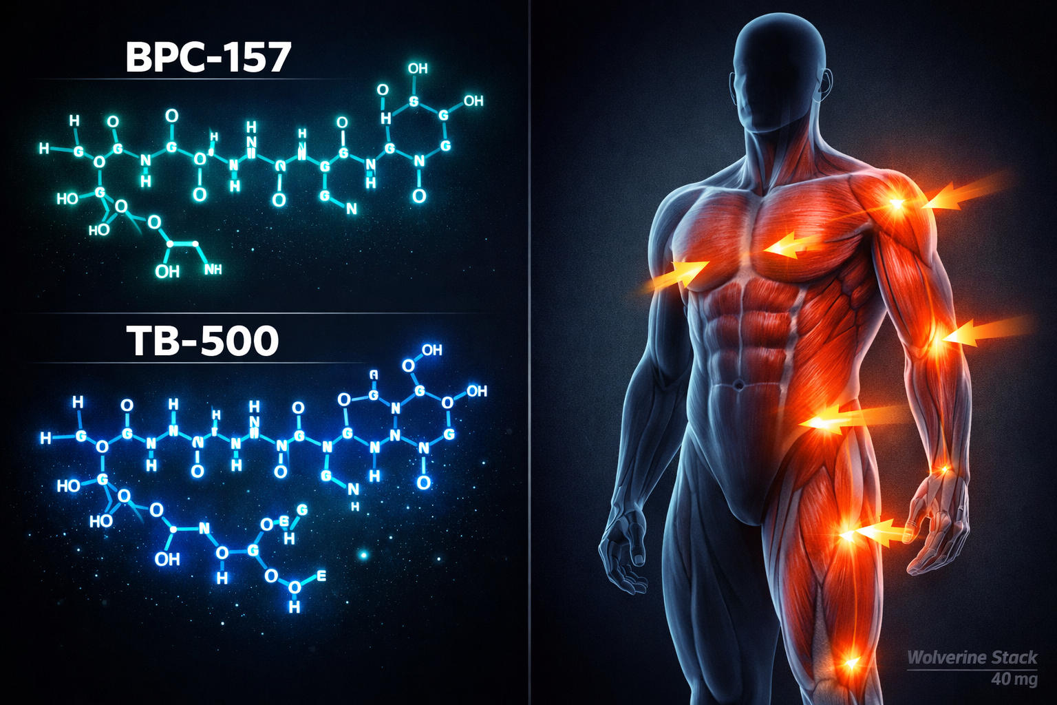 Detailed () split-panel infographic illustration showing BPC-157 and TB-500 peptide molecular chain structures on the left
