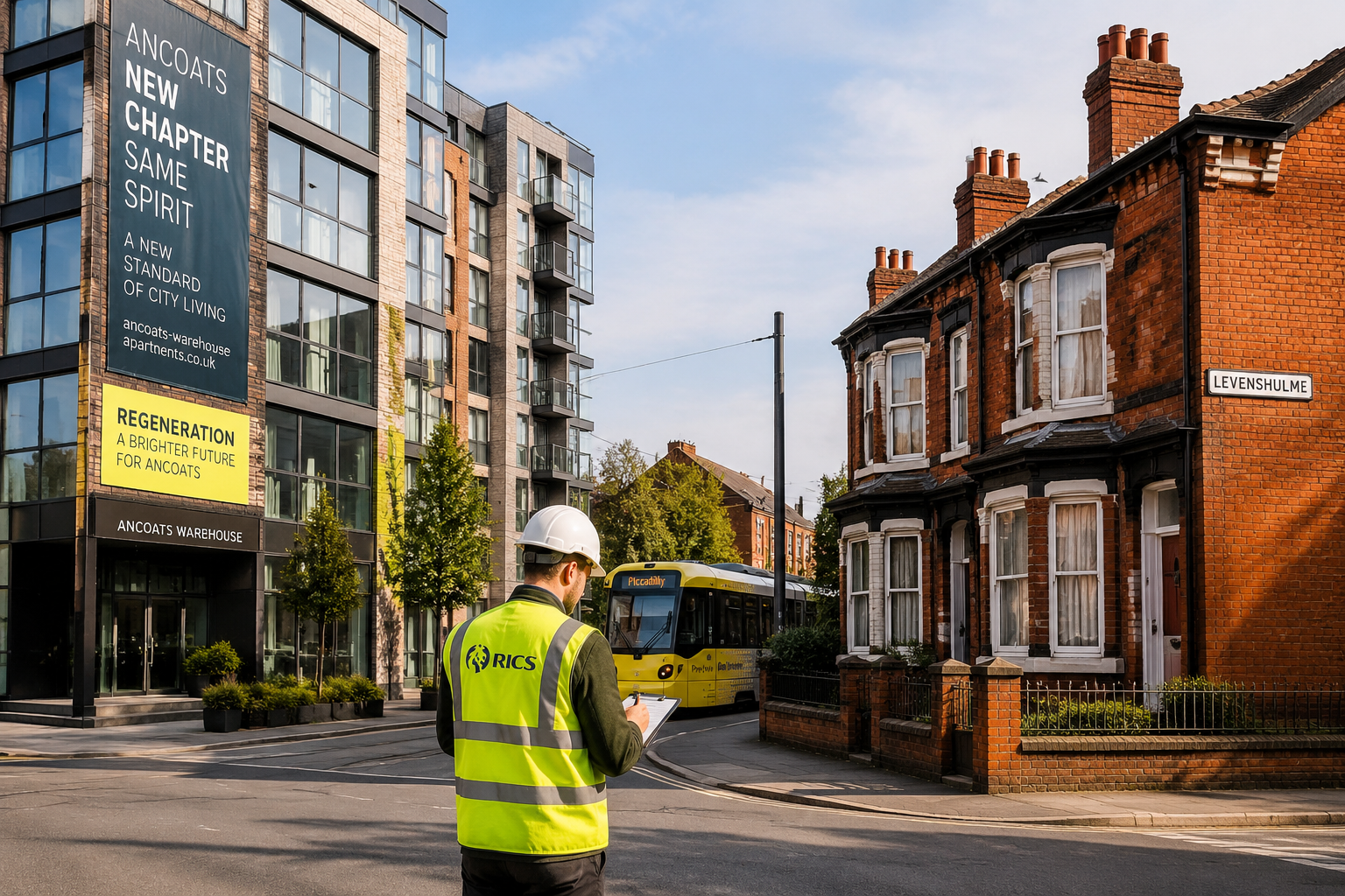 Detailed () street-level photorealistic illustration showing split-scene composition: left half depicts a newly converted