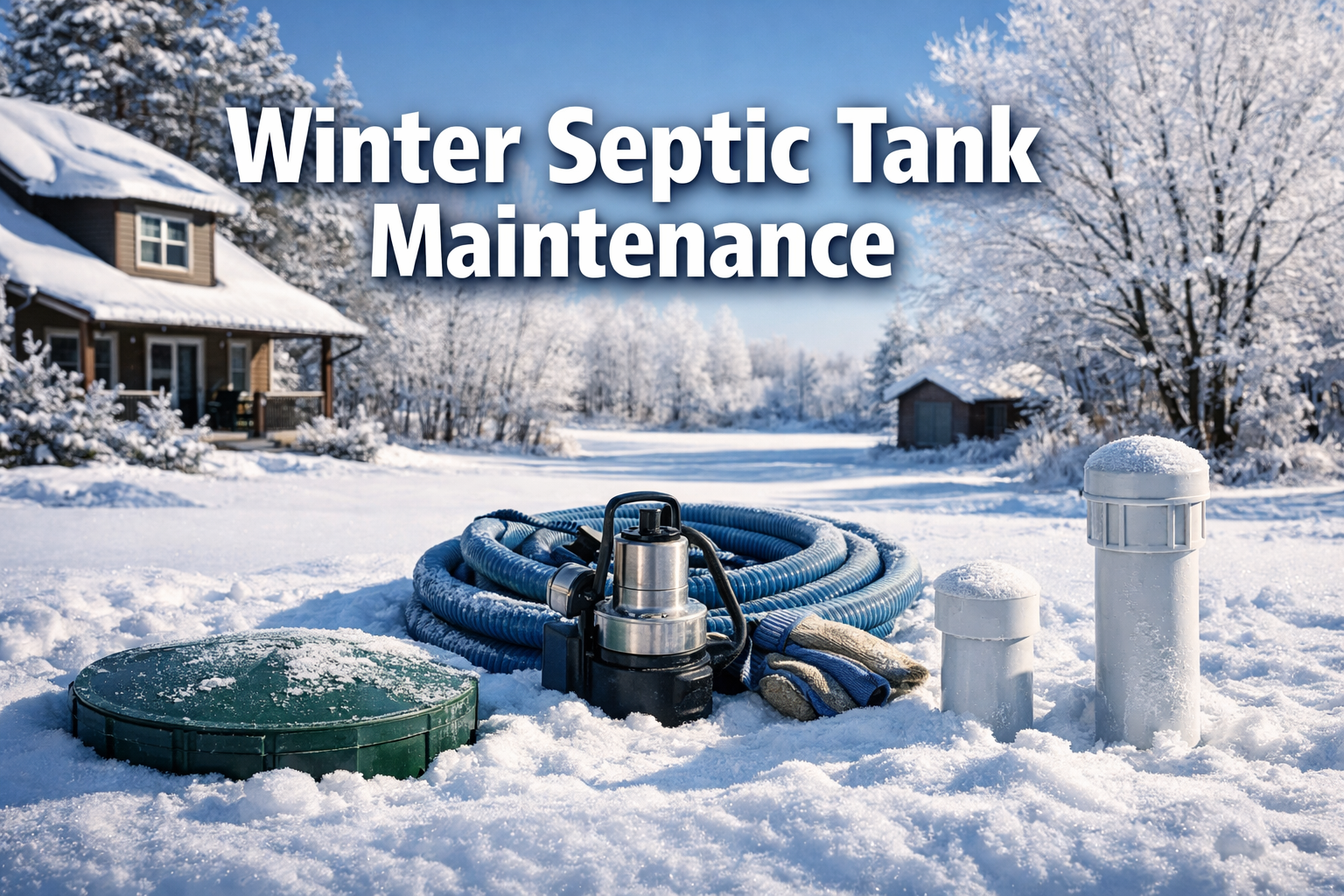 Professional landscape format (1536x1024) hero image with bold text overlay 'Winter Septic Tank Maintenance' in extra large 72pt white sans-