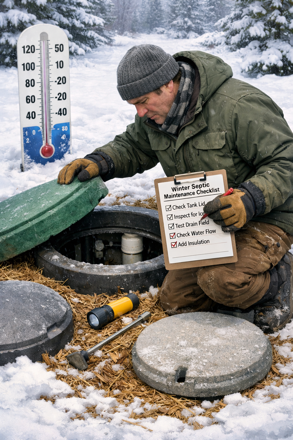 Portrait format (1024x1536) detailed illustration showing homeowner inspecting septic tank access point in winter, snow-covered ground, insu