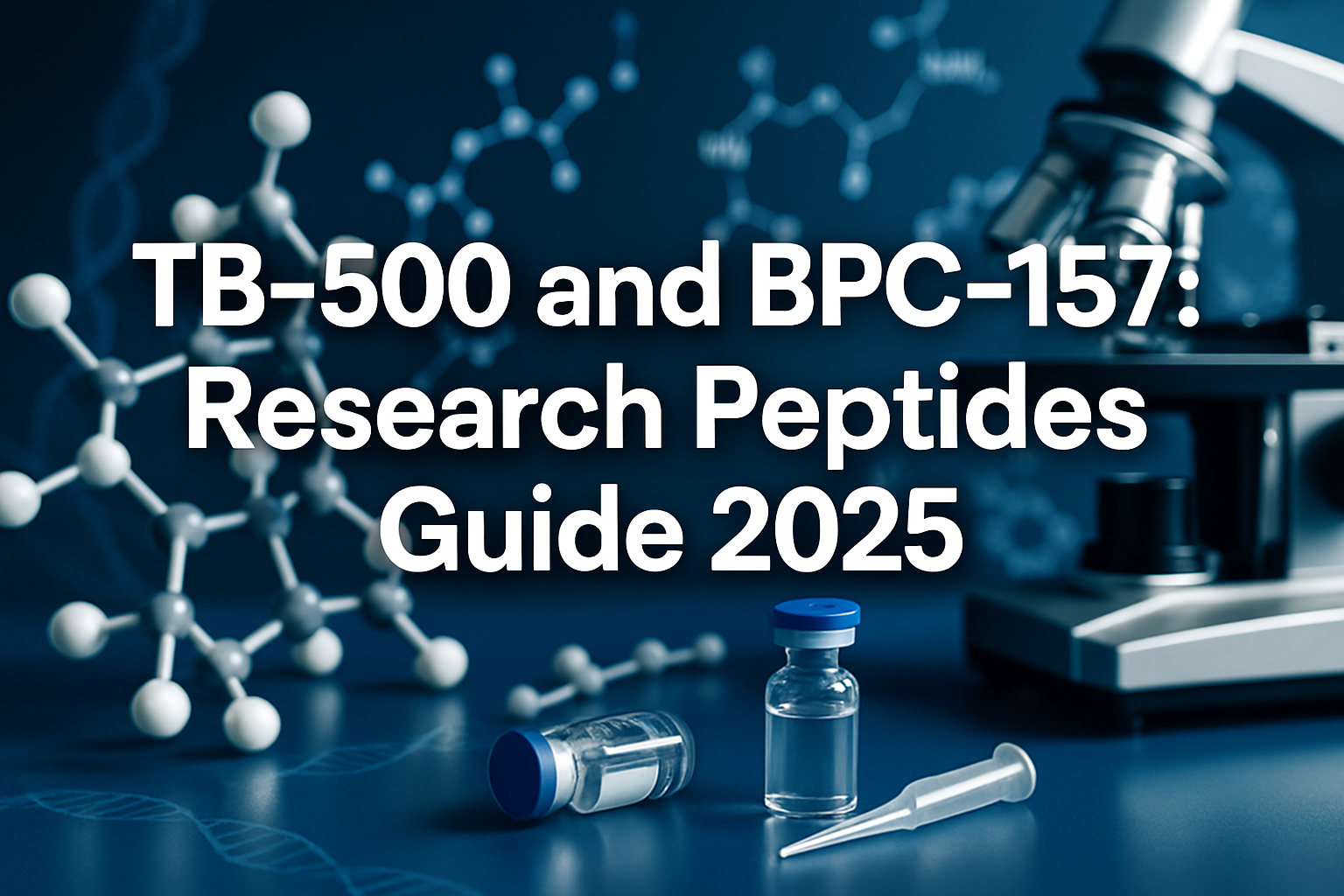 Professional landscape hero image (1536x1024) featuring bold text overlay 'TB-500 and BPC-157: Research Peptides Guide 2025' in extra large 