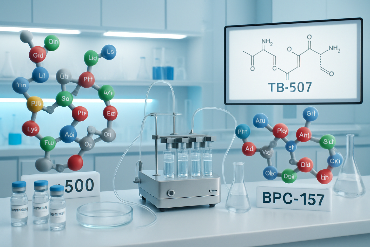 Scientific laboratory scene showing TB-500 and BPC-157 molecular structures as 3D models, with detailed amino acid chains, research vials, a