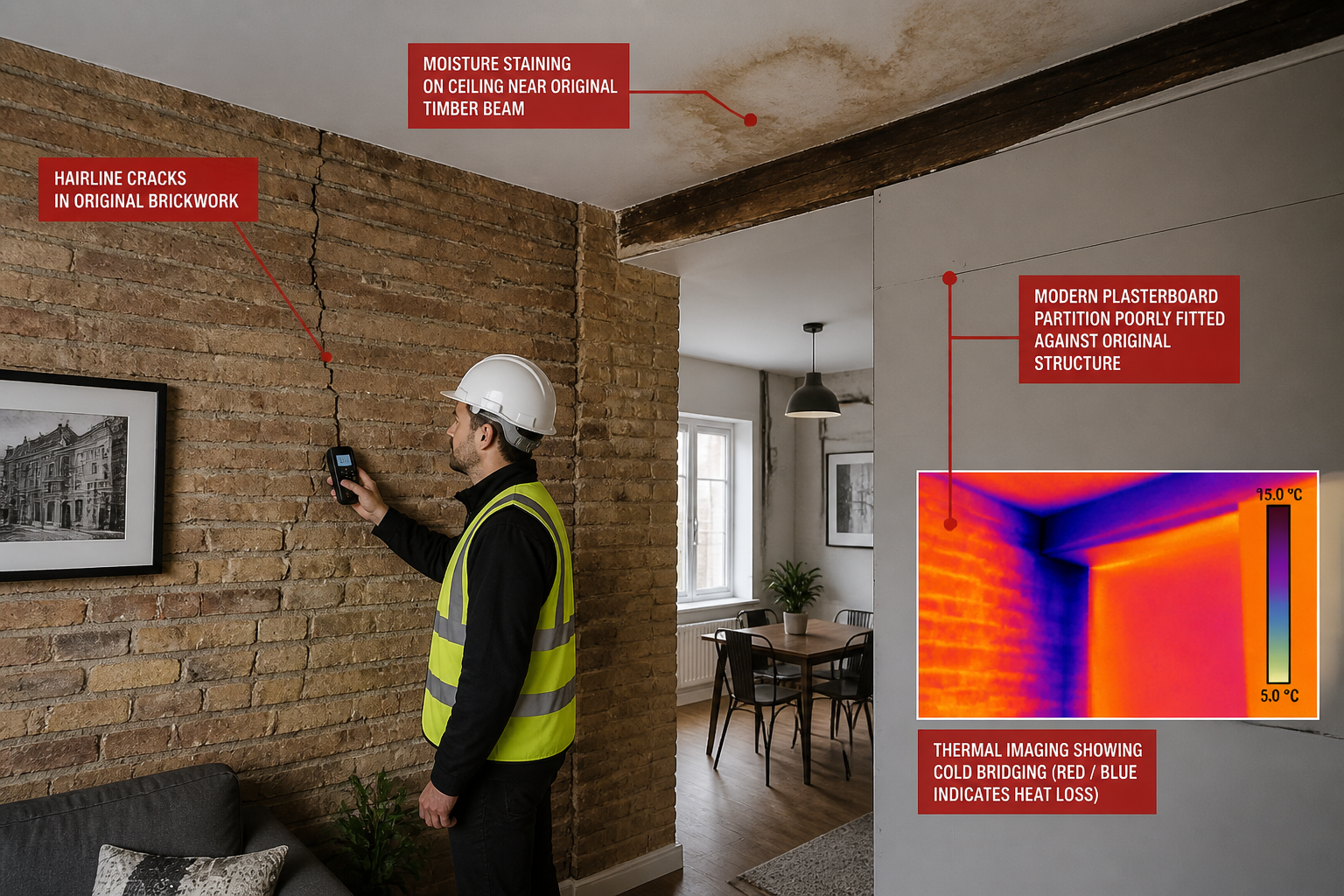 Wide-angle interior photograph of a converted flat showing classic non-standard construction warning signs: exposed original
