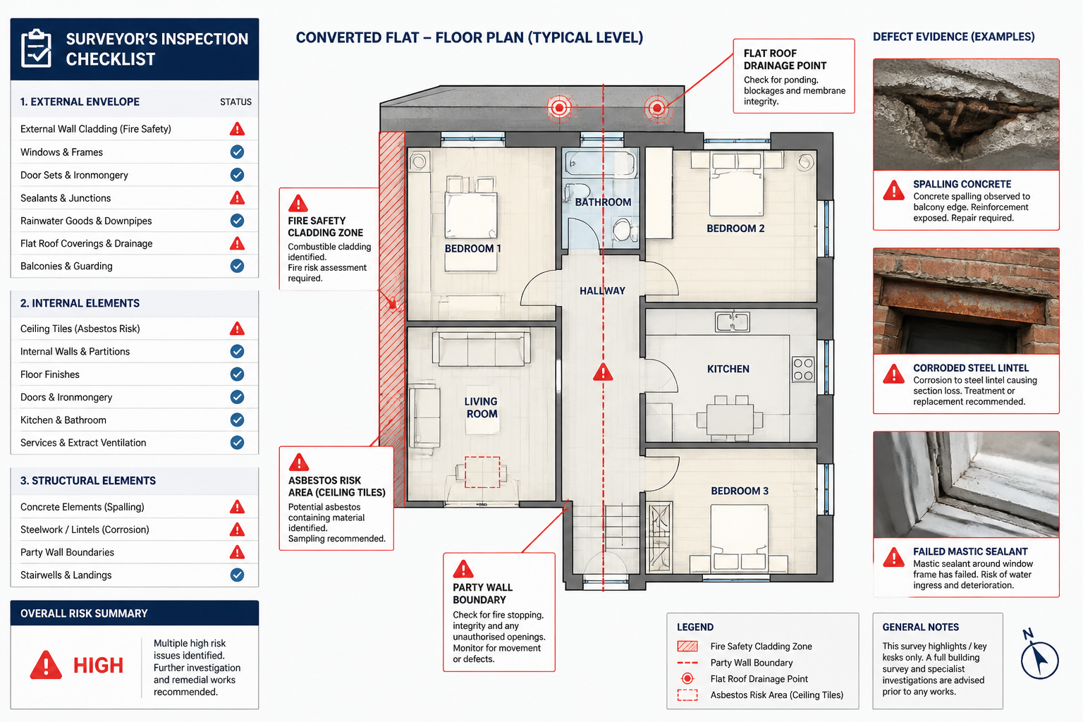 Detailed close-up composite image showing a surveyor's inspection checklist overlaid on a converted flat floor plan, with
