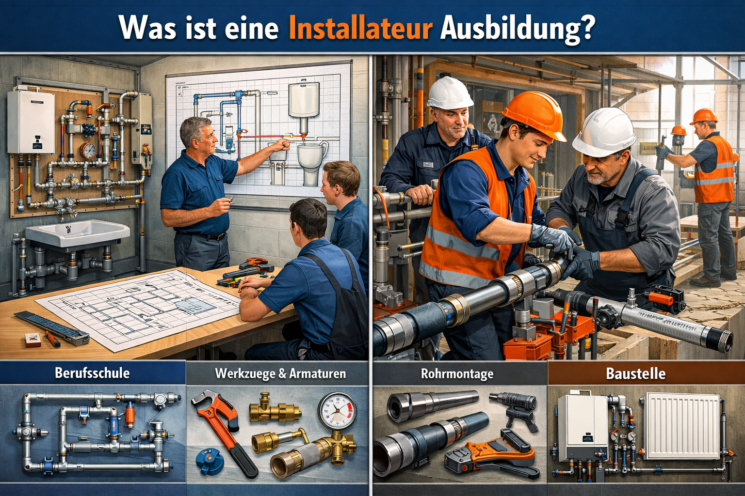 Comprehensive visual explanation of 'Was ist eine Installateur Ausbildung?' featuring a split-screen composition showing technical training 
