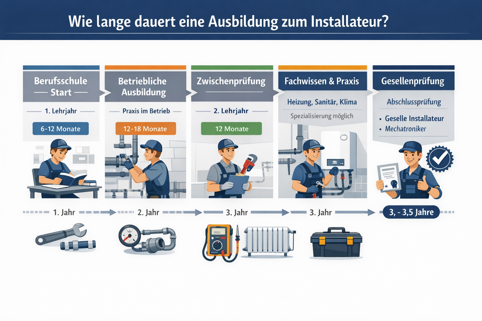 Infographic timeline illustrating 'Wie lange dauert eine Ausbildung zum Installateur?' showing the complete apprenticeship journey. Horizont