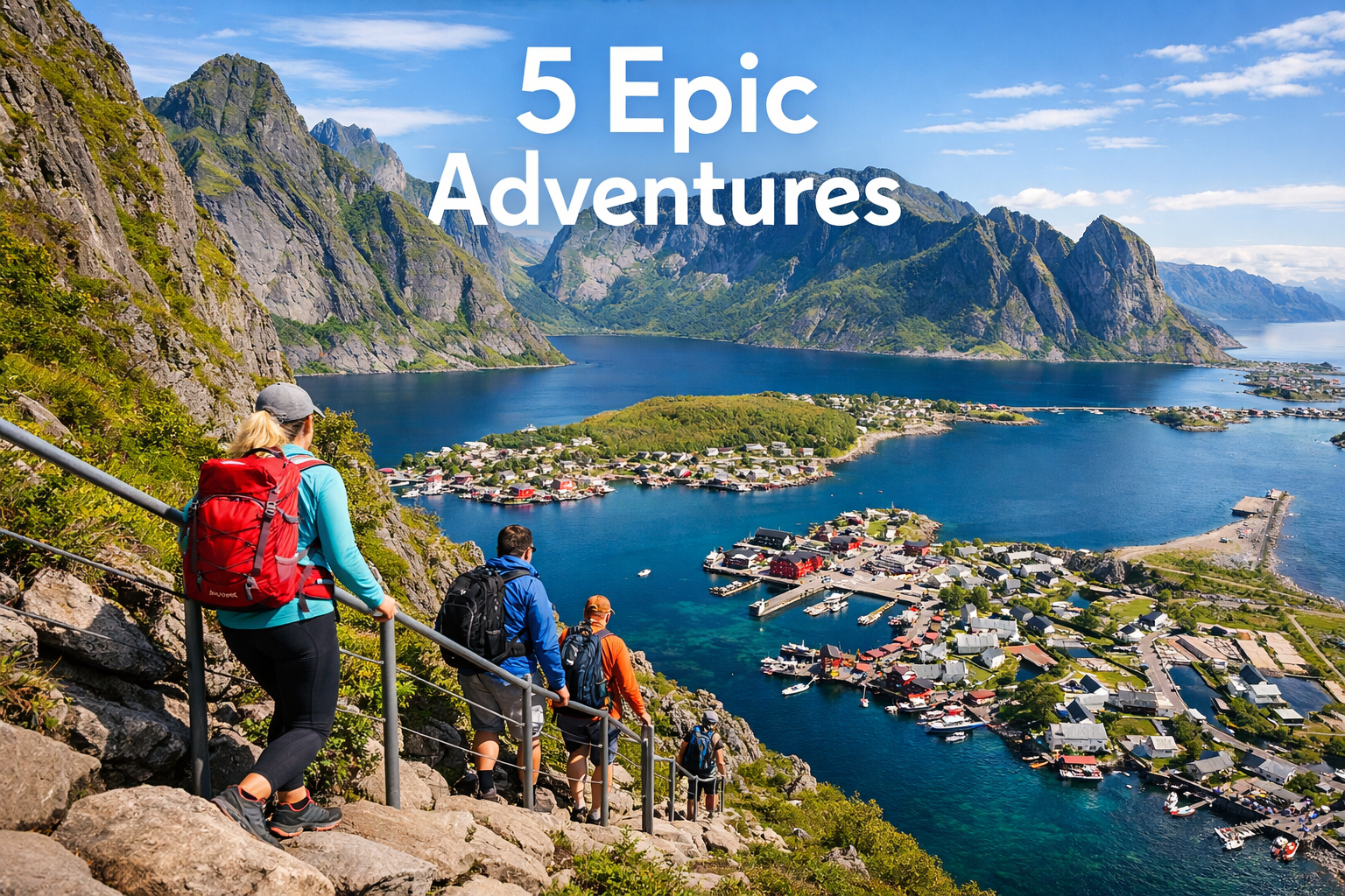 () editorial image showing adventurous outdoor activities in Lofoten: foreground features hikers ascending stone steps on