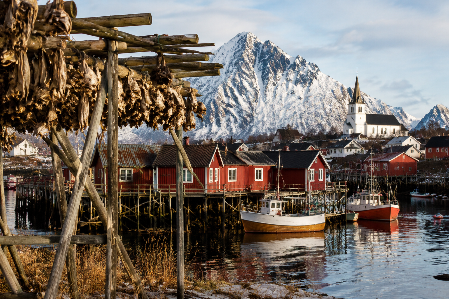 () cultural and scenic image of traditional Lofoten fishing village: foreground shows weathered wooden drying racks (hjell)