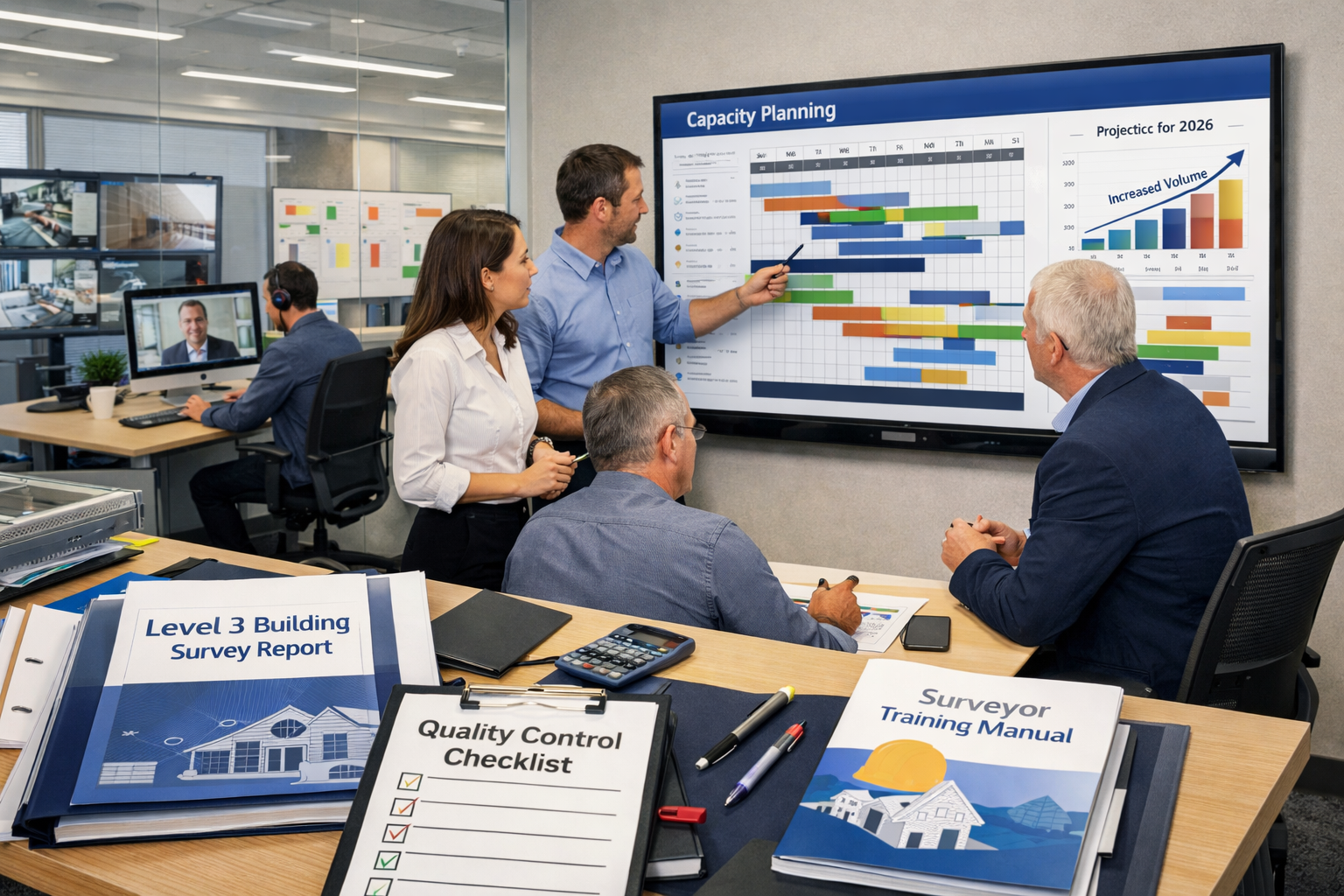 () professional scene inside modern surveying firm office showing operational capacity planning in action, multiple