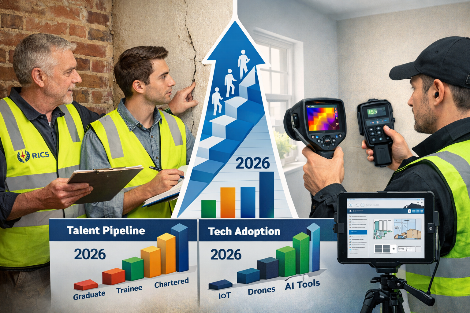 () split-screen composition showing surveyor workforce development and technology integration, left side depicts experienced