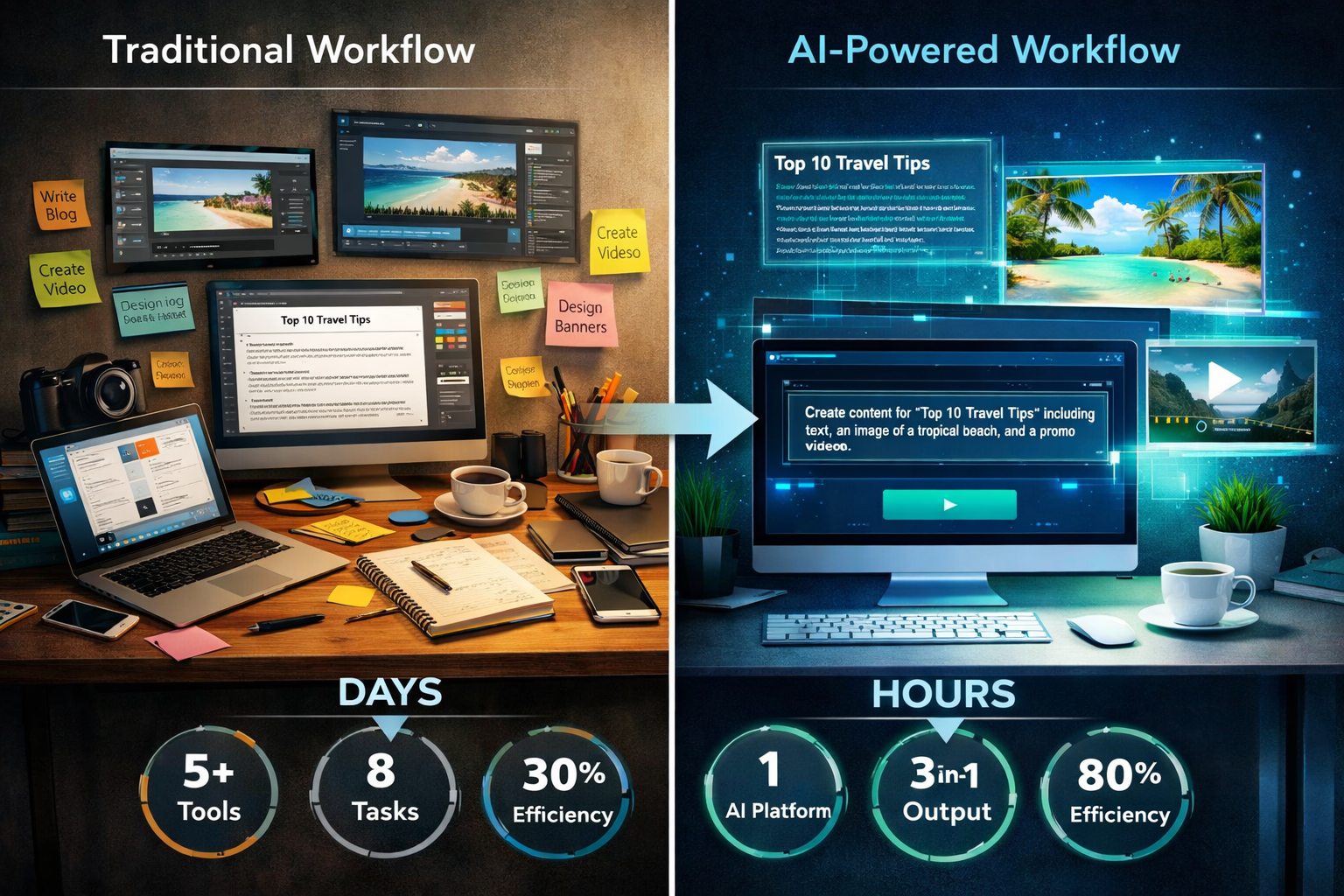 Detailed () image showing split-screen comparison of traditional affiliate workflow versus AI-powered multi-modal workflow.