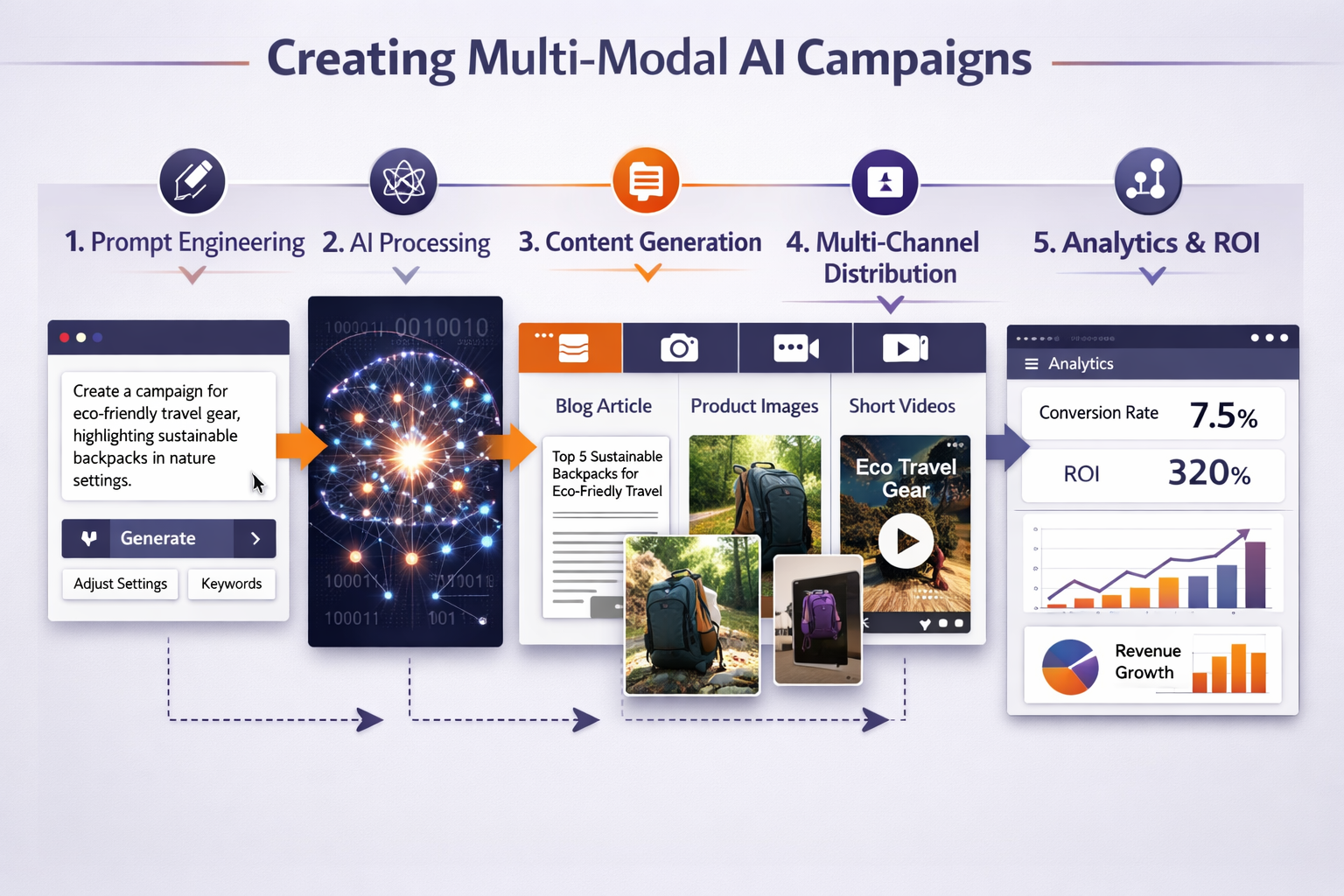 Professional () infographic-style image displaying step-by-step visual guide for creating multi-modal AI campaigns. Shows