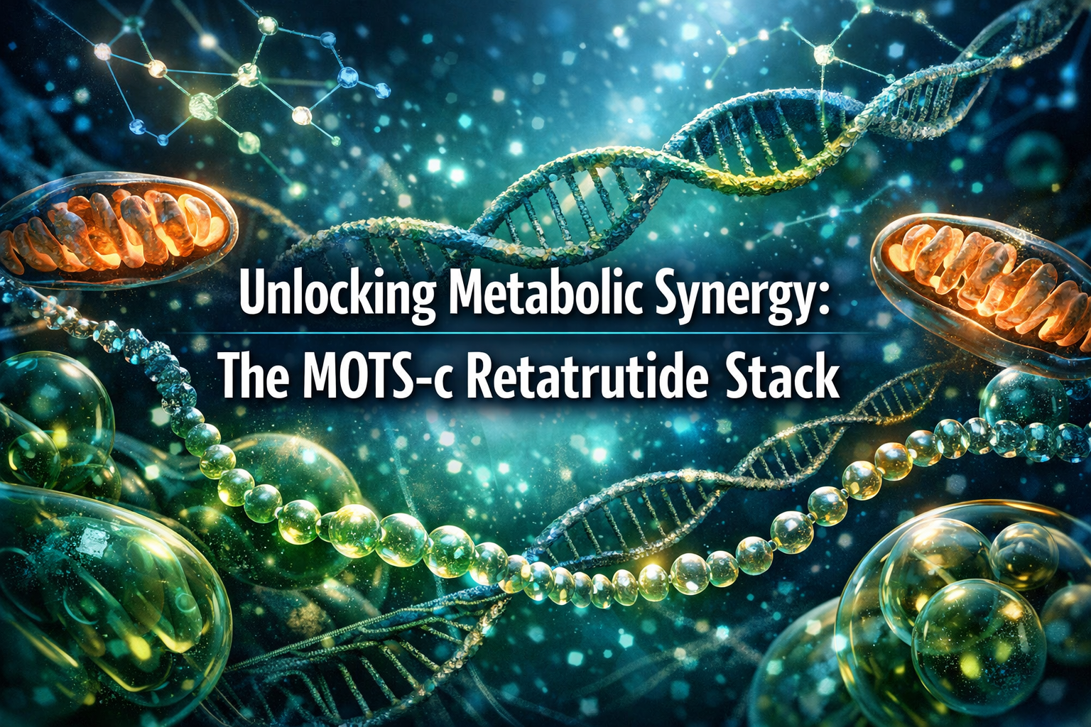 Professional landscape hero image (1536x1024) with bold text overlay: 'Unlocking Metabolic Synergy: The MOTS-c Retatrutide Stack', modern sa