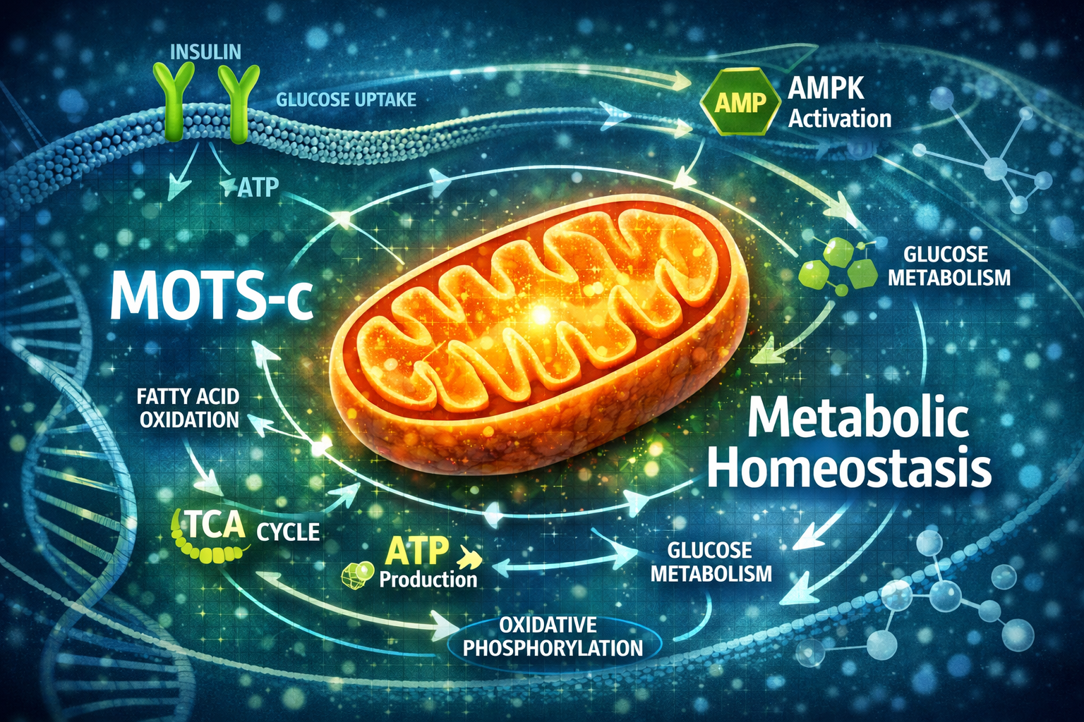 An editorial-quality landscape image (1536x1024) depicting a stylized illustration of a mitochondria surrounded by various metabolic pathway