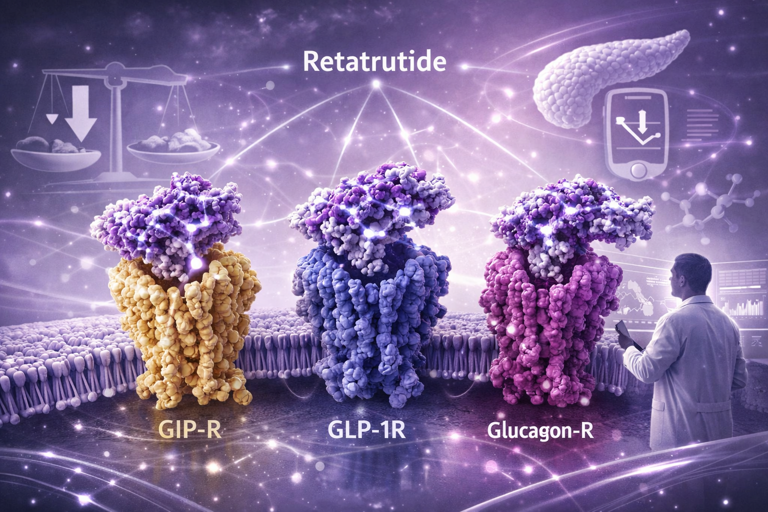 A sophisticated landscape image (1536x1024) illustrating the complex interplay of three distinct receptor types (GIP, GLP-1, Glucagon) on a 