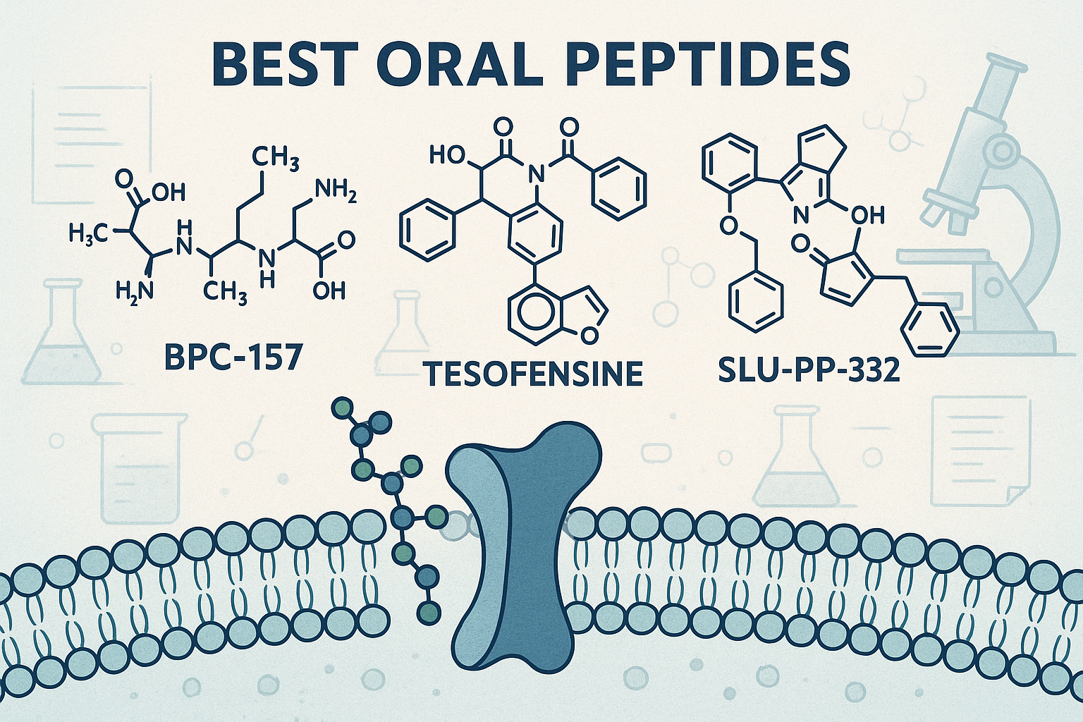 Scientific illustration depicting the molecular structure of various oral peptides including BPC-157, Tesofensine, and SLU-PP-332, with a fo