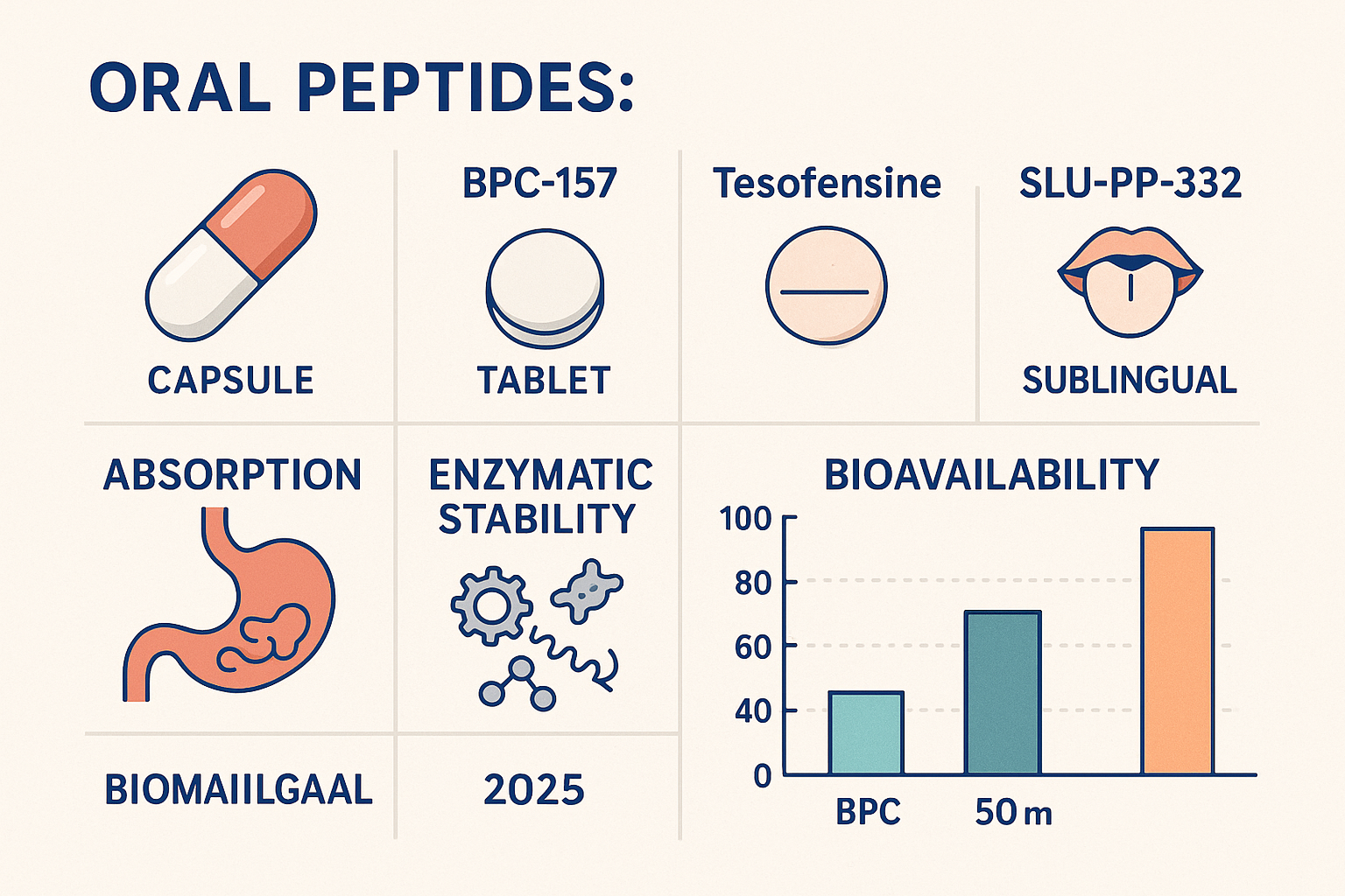 An infographic comparing the delivery mechanisms and bioavailability of different oral peptides, specifically contrasting BPC-157 capsules, 