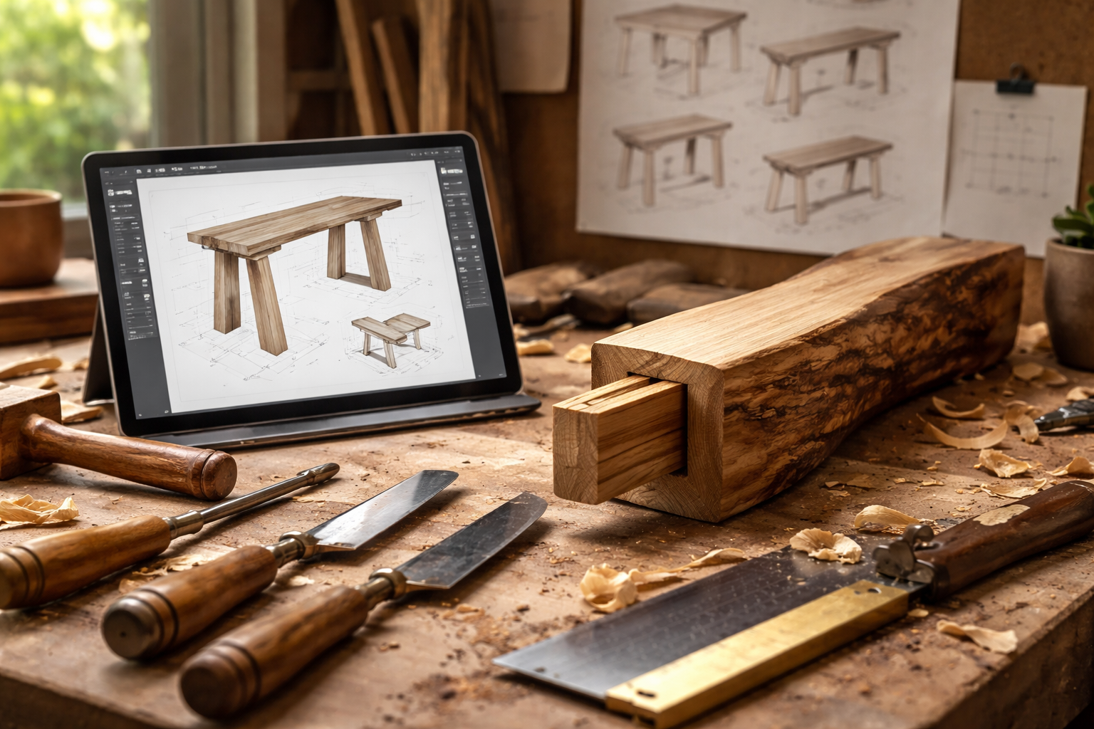 Landscape format (1536x1024) image depicting a fusion of traditional hand tools (chisels, mallets, hand saws) and modern digital design soft