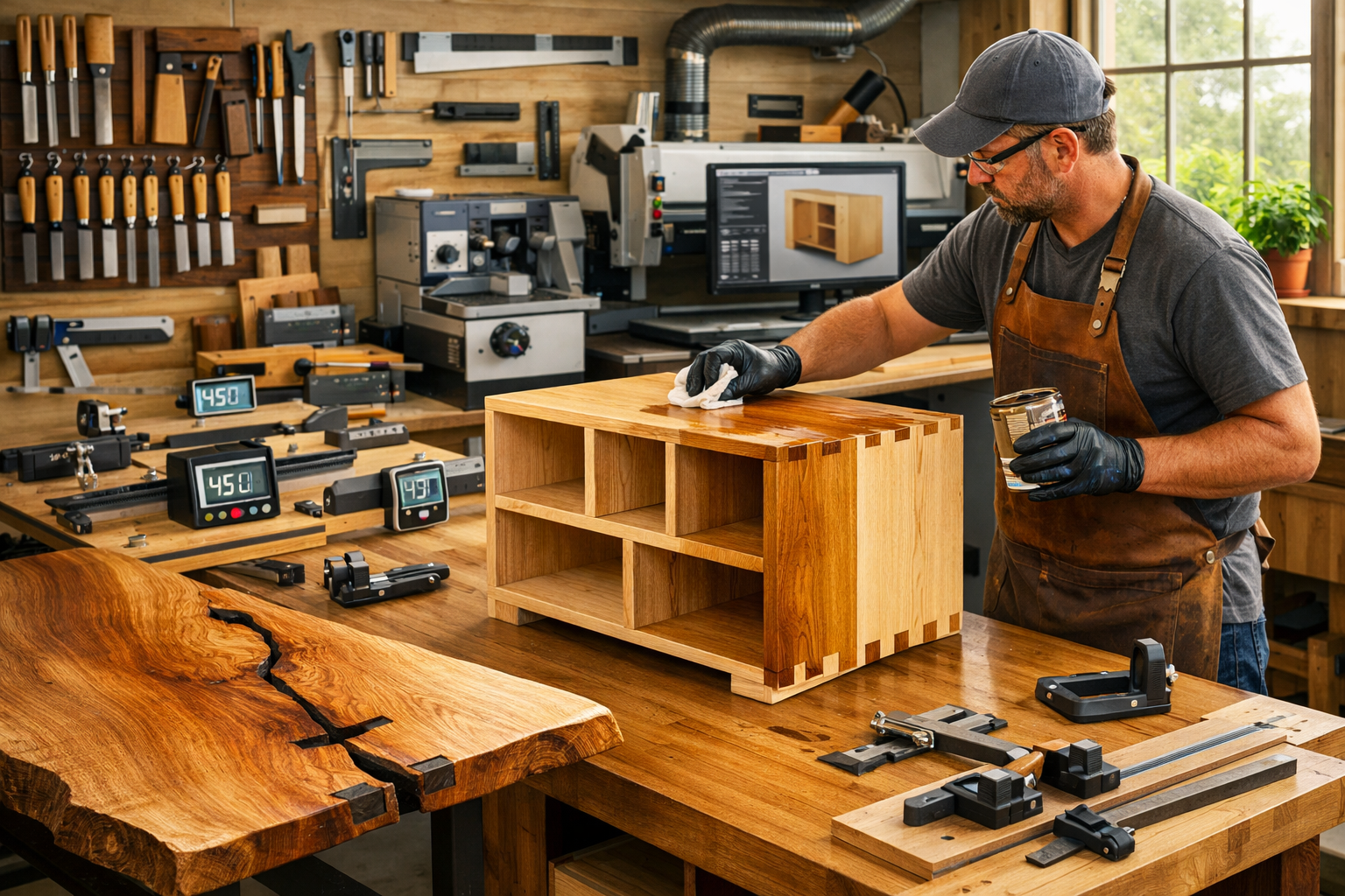 Landscape format (1536x1024) image of a modern woodworking shop in 2026, where a craftsman is applying finish to a completed modular cabinet