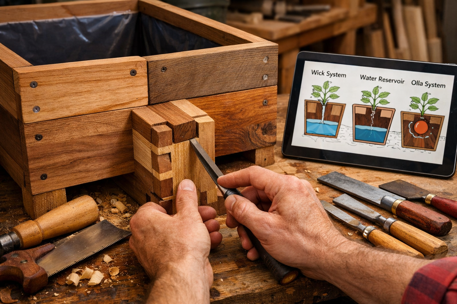 Detailed () image featuring a close-up of a half-assembled wooden planter, showcasing various types of sustainable wood like