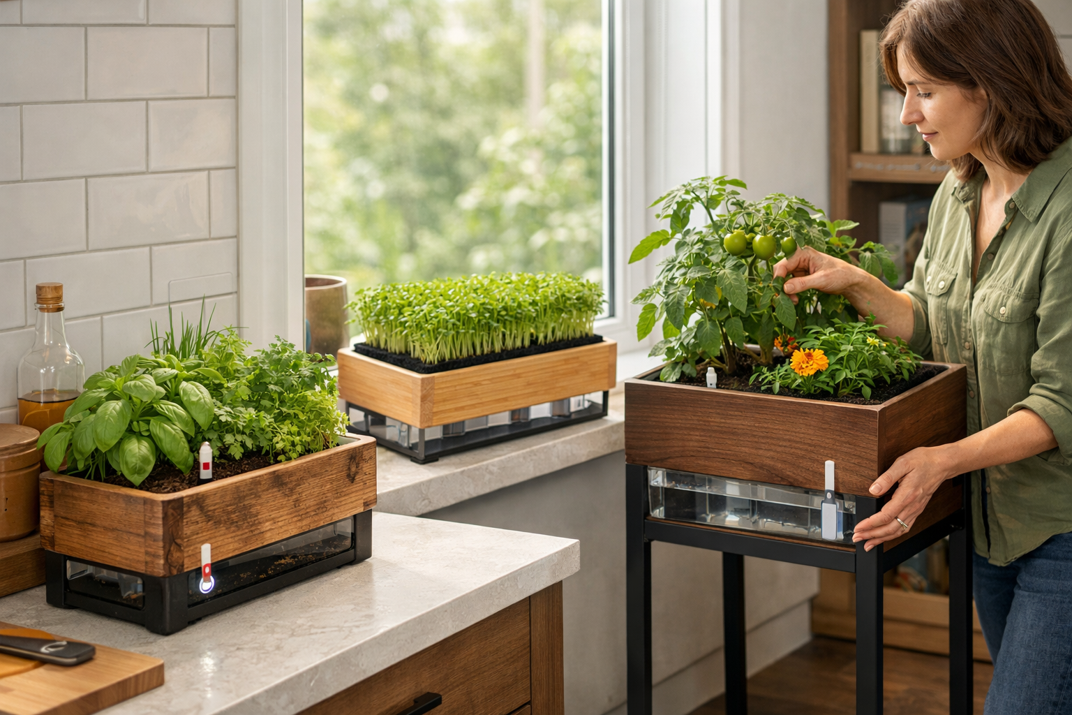 Detailed () image illustrating a vibrant indoor urban garden setup featuring several finished custom wooden planters with